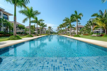 Empty swimming pool surrounded by white square tiles in an outdoor area with palm trees and lawn, located near buildings in Phuket resort park, Thailand.