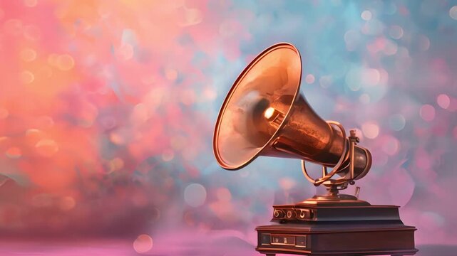 Vintage gramophone with a large horn, standing against a colorful, blurred background.  The gramophone is a symbol of classic music and nostalgia.