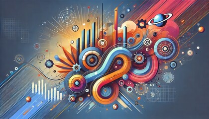 Abstract Geometric Illustration with Colorful Circles, Lines, and Shapes.
