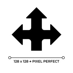 Triple arrow black glyph icon. Representing options or decision-making. Three paths. Direction and navigation symbol. Silhouette symbol on white space. Solid pictogram. Vector isolated illustration