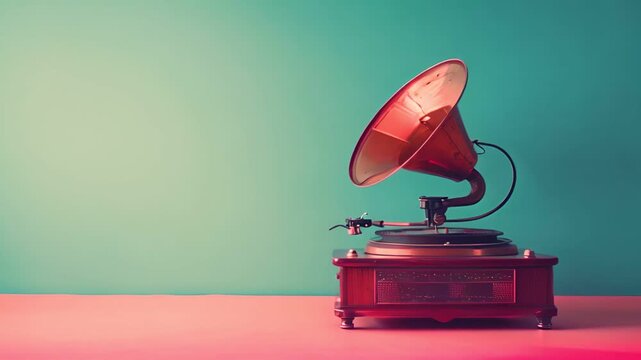 Vintage gramophone with a large horn, standing against a colorful, blurred background.  The gramophone is a symbol of classic music and nostalgia.