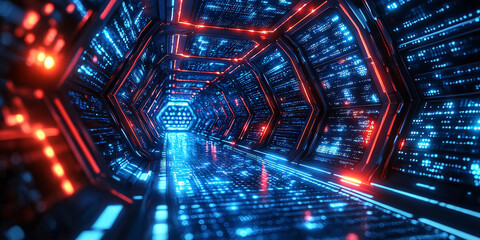 Creative blue hexagonal background with binary code. Technology, design and landing page concept