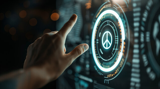 A hand pointing at a Peace Sign on a Digital Interface.