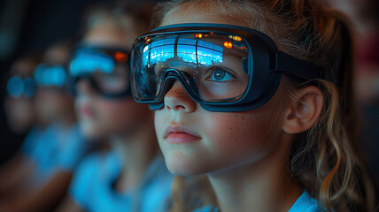High-resolution image of kids in class with realistic glasses, exploring new technology, back-to-school setting