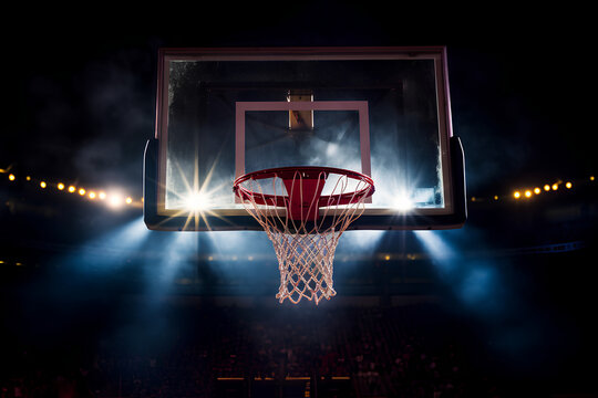 Basketball going through the basket at a sports arena (intentional spotlight)