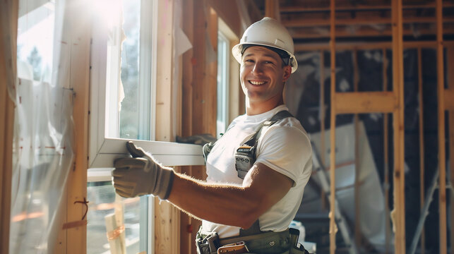 Smiling construction worker installing a window in a sunlit room, new house construction, positive attitude
