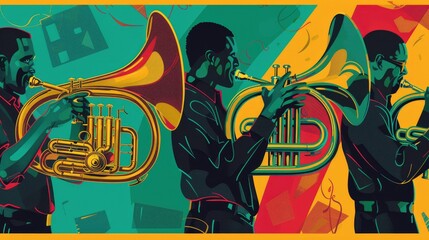 Three Musicians Playing Brass Instruments