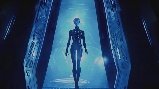 Futuristic humanoid alien emerges from a glowing blue portal, evoking themes of advanced technology and science fiction. Perfect for projects involving AI, future technology, and space exploration