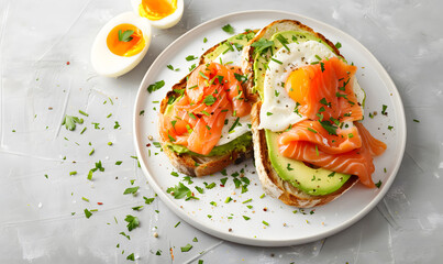 Healthy open-faced sandwiches on multigrain toast with avocado, salmon, eggs, herbs, and sunflower seeds on a white plate on a concrete background, a plate with a sandwich design