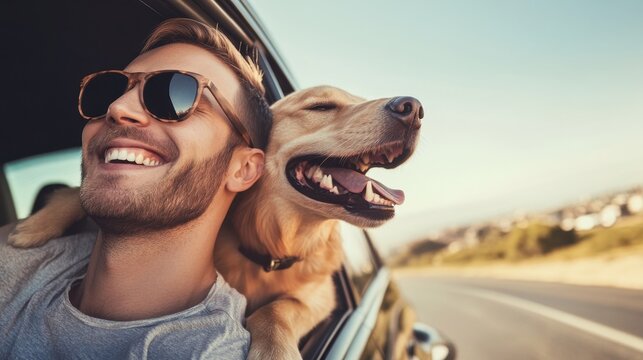 Smiling man wearing sunglasses, with his Golden Retriever dog by his side, both leaning out of a car window at sunny day , seaside view