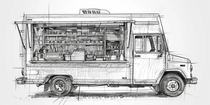 recommend clip art: Hand-drawn sketch of a food truck.
