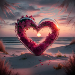 Fototapeta premium Heart Glass with Flowers at Sunset
