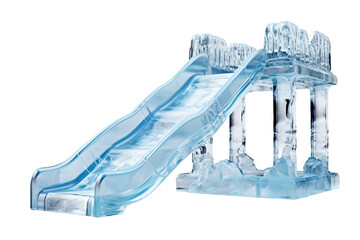 A Stunning Ice Slide Nestled Among Chiseled Ice Structures in Bright Daylight on Transparent PNG Background.