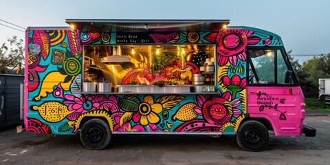 Obraz premium A colorful food truck with vibrant graffiti.