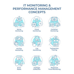 IT monitoring and performance management soft blue concept icons. Development operations. Icon pack. Vector images. Round shape illustrations for infographic, presentation. Abstract idea