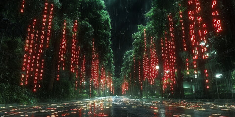 Digital binary code data streaming on a dark background