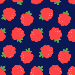 Raspberry seamless pattern simple illustration vector isolation on dark background. For baby food packaging, banner, wrapping, card, clothes, greeting card, invitation