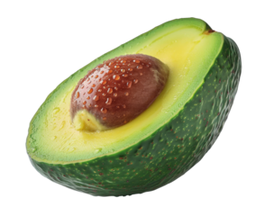 A fresh, ripe avocado cut in half with a seed showing, isolated on a white background. Water droplets add to its freshness.