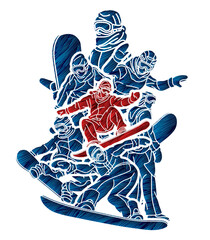 Extreme Sport Snowboard Players Mix Action Graffiti Snowboarder Cartoon Graphic Vector