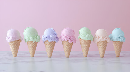 Pastel-Colored Ice Cream Cones on Cool Marble Table

