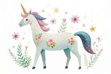 A delightful illustration of a cute unicorn adorned with flowers, surrounded by whimsical floral elements, capturing a magical and playful atmosphere.