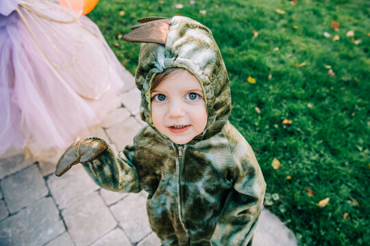 Toddler in a green dinosaur costume smiling outdoors