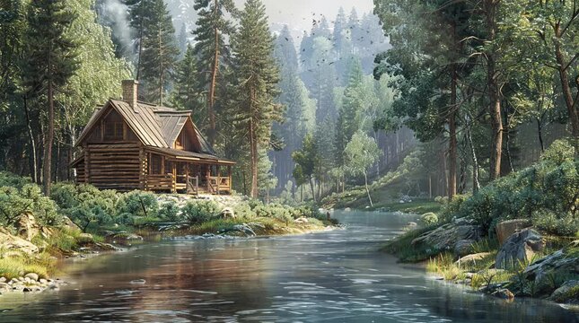 Charming house by the river on a sunny day, surrounded by lush greenery and reflected in the clear water, creating a tranquil and pi Seamless looping 4k time-lapse virtual video animation Generated AI