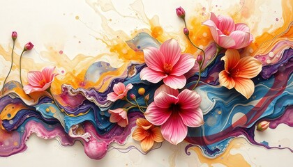 Abstract Floral Painting with Pink and Orange Flowers.