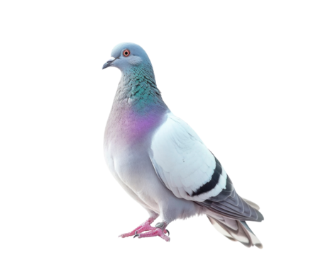 A close-up of a single pigeon with a white background, the pigeon is looking to the left side of the image, with a light blue and white color.