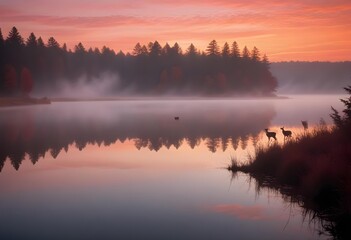 Obraz premium Vast lake surrounded by forest with a delicate mist, creating a serene and mystical atmosphere.