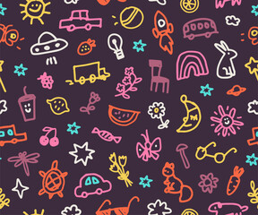 Seamless pattern of naive childish doodle illustration on purple background. Children colorful scribble. Cartoon cute hand drawn vector car, animals, flowers, fruit and butterflies