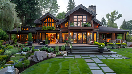 Modern Wooden House with Stone Accents and Lush Landscaping - Photo
