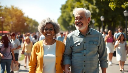 Naklejka premium Older couple smiling and enjoying each other’s company, radiating joy and affection in their shared moments.