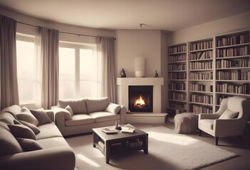 Fototapeta premium Living room with a roaring fireplace and a large bookshelf filled with books, creating a warm and inviting atmosphere for relaxation. 