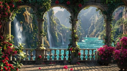 Fototapeta premium Balcony View of Waterfall and Lake