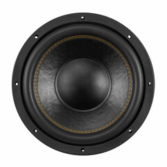 Subwoofer Speaker. Black Round Car Coaxial Audio Speaker With Mounting Location. Front view. Isolate on white background. Copy space. High quality photo