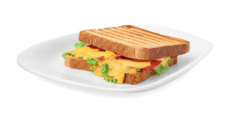 Tasty toasted bread with melted cheese, tomato and lettuce isolated on white