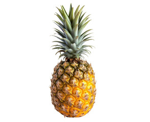 A fresh pineapple with a green top on a white background. It is a whole pineapple.