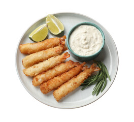 Delicious breaded fried shrimps with sauce and lime isolated on white, top view