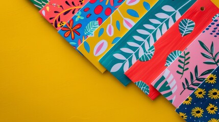 colorful patterned fabric swatches on yellow background - bright floral print fabric samples for design inspiration