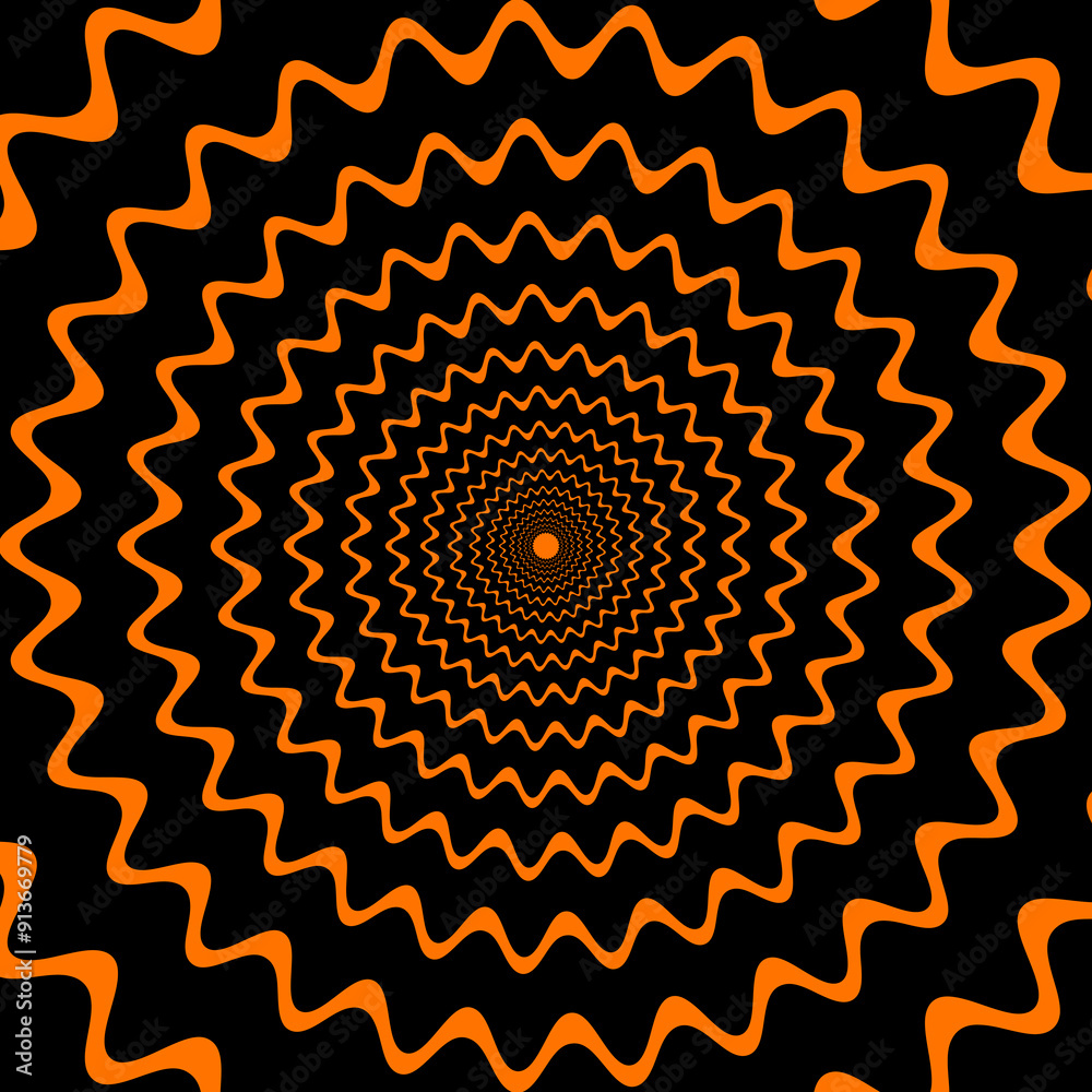 Poster Psychedelic Halloween spiral pattern. Mesmerizing vector background with black and orange wavy lines gradually narrow towards the center, creating a sense of depth, visual illusion and movement