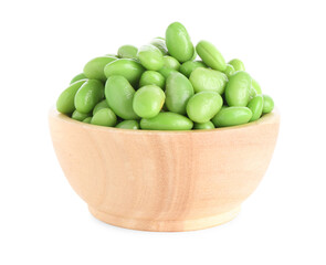 Raw green edamame soybeans in bowl isolated on white