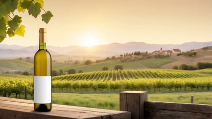 white wine bottle is prominently displayed on a wooden fence post. The soft, golden hues of the setting sun illuminate the bottle