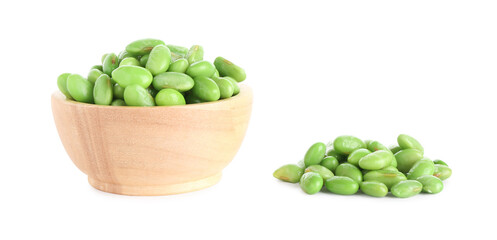 Raw green edamame soybeans in bowl isolated on white