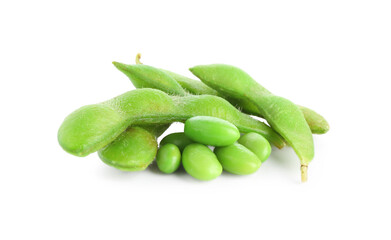 Raw green edamame soybeans and pods isolated on white