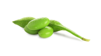 Raw green edamame pod with soybeans isolated on white
