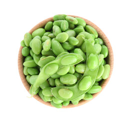 Raw green edamame soybeans and pod isolated on white, top view