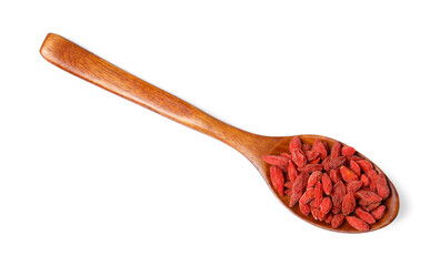 Dried goji berries and spoon isolated on white, top view