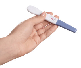 Woman holding pregnancy test on white background, closeup