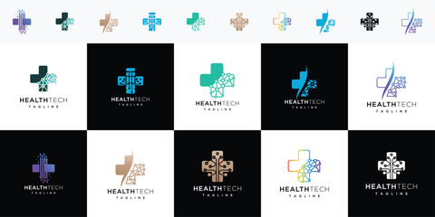 Collection of health technology logo design templates. set of health digital technology logo designs